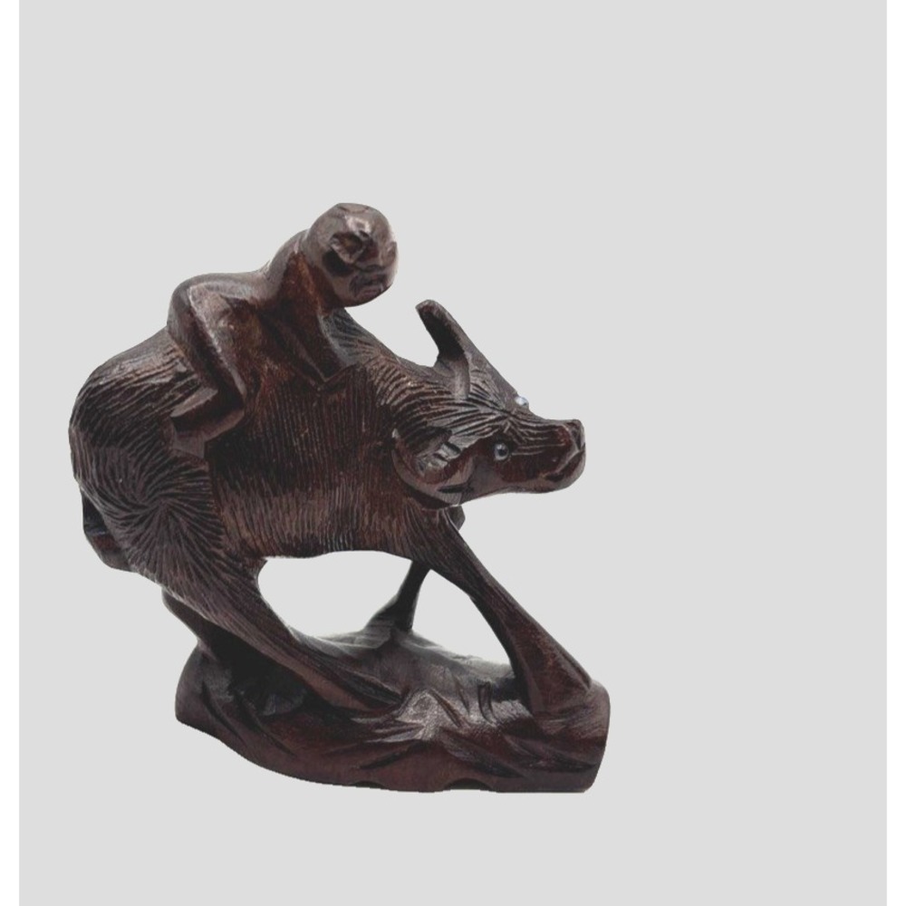 Vtg Chinese Carved Wooden Man or Boy Bull Water Buffalo Statue Figurine
